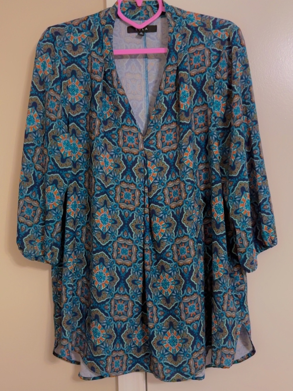 Boho V-Neck Teal Patterned Tunic Top